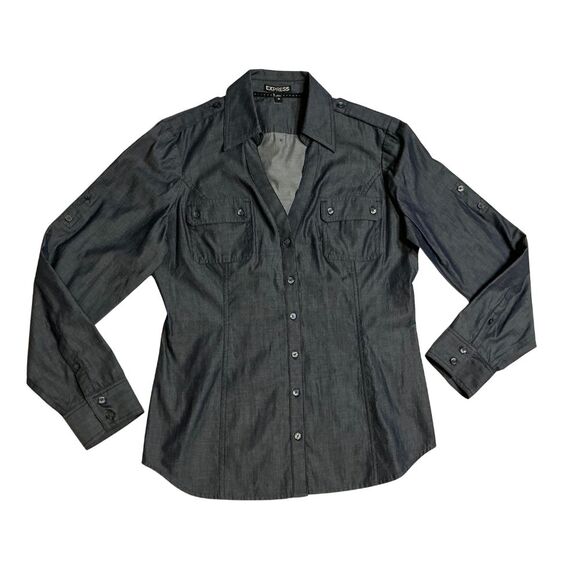 Express Womens Button Down Shirt Medium Roll Tab Sleeve Blue - Picture 1 of 8